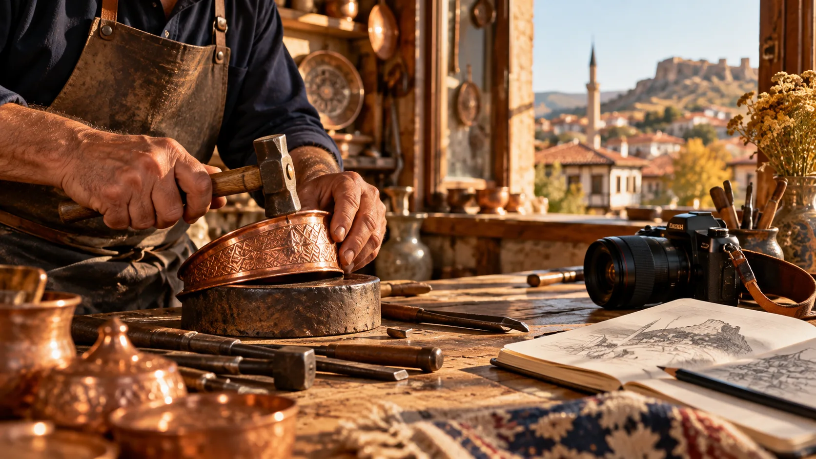 Yerel zanaat anlatımı için temsili bakır işleme atölyesi ve fotoğraf makinesi